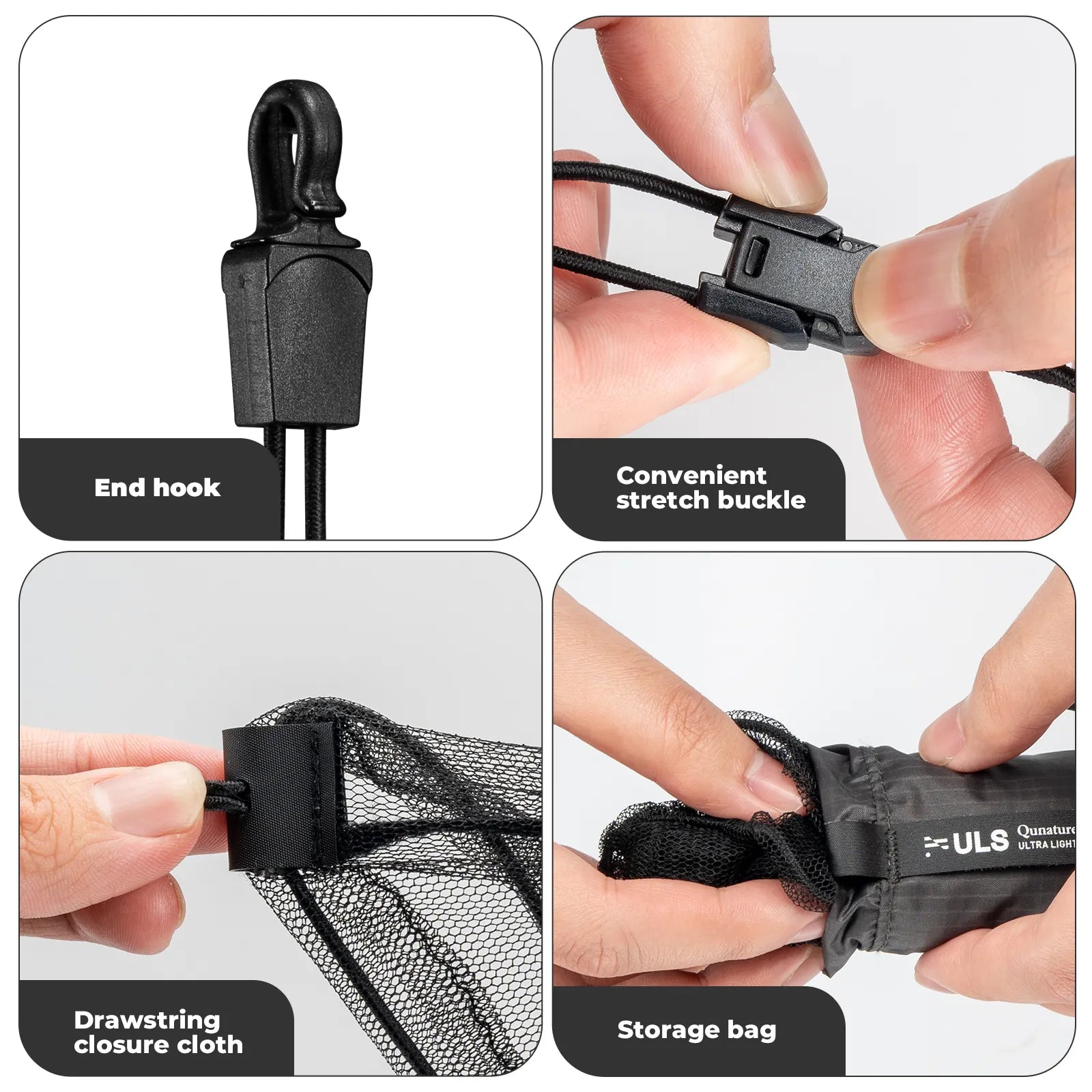 Collage of a black drawstring bag with end hook, stretch buckle, drawstring closure, and storage bag features.