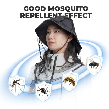 Person wearing a mosquito repellent hat with illustrations of insects around them, on a white background.