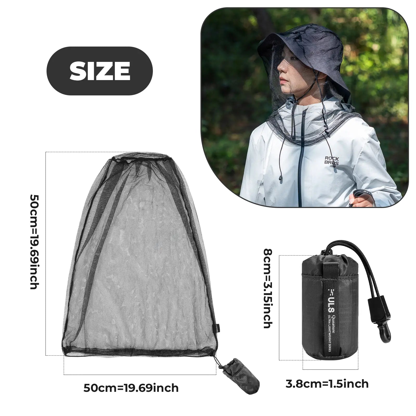 Netting with dimensions, person wearing netting, and pump with dimensions on a white background