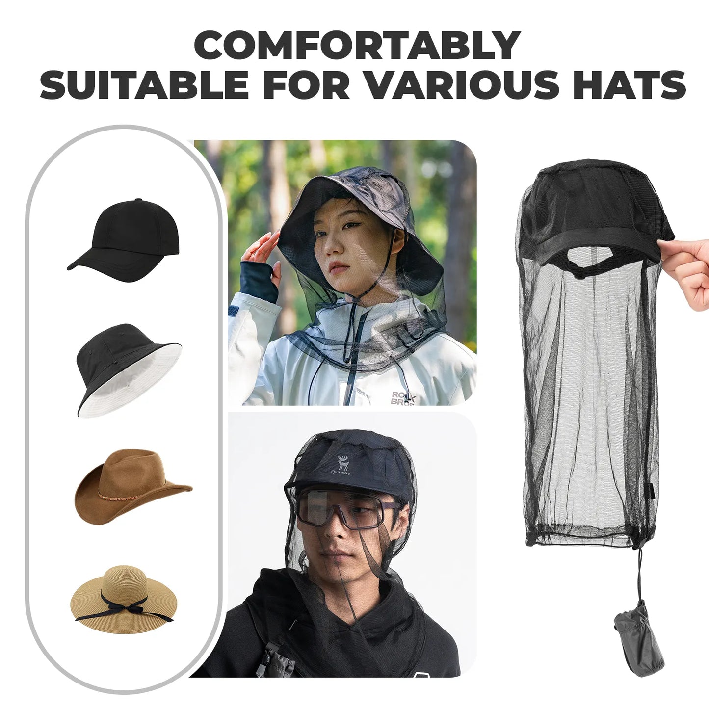 Product display of a mosquito net for hats with various hat styles shown on people.