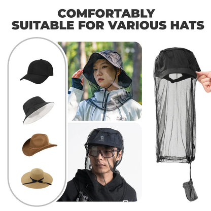 Product display of a mosquito net for hats with various hat styles shown on people.