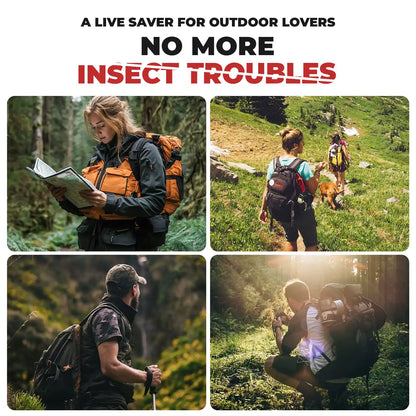 Collage of people hiking with text about insect repellent, set against a natural outdoor background.