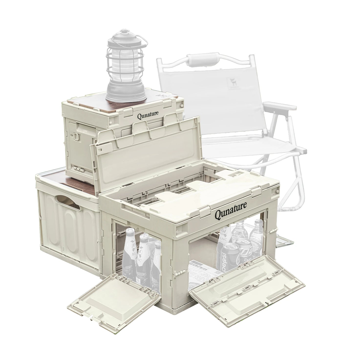 Beige storage crate with open lid, white chair, and lantern on a white background