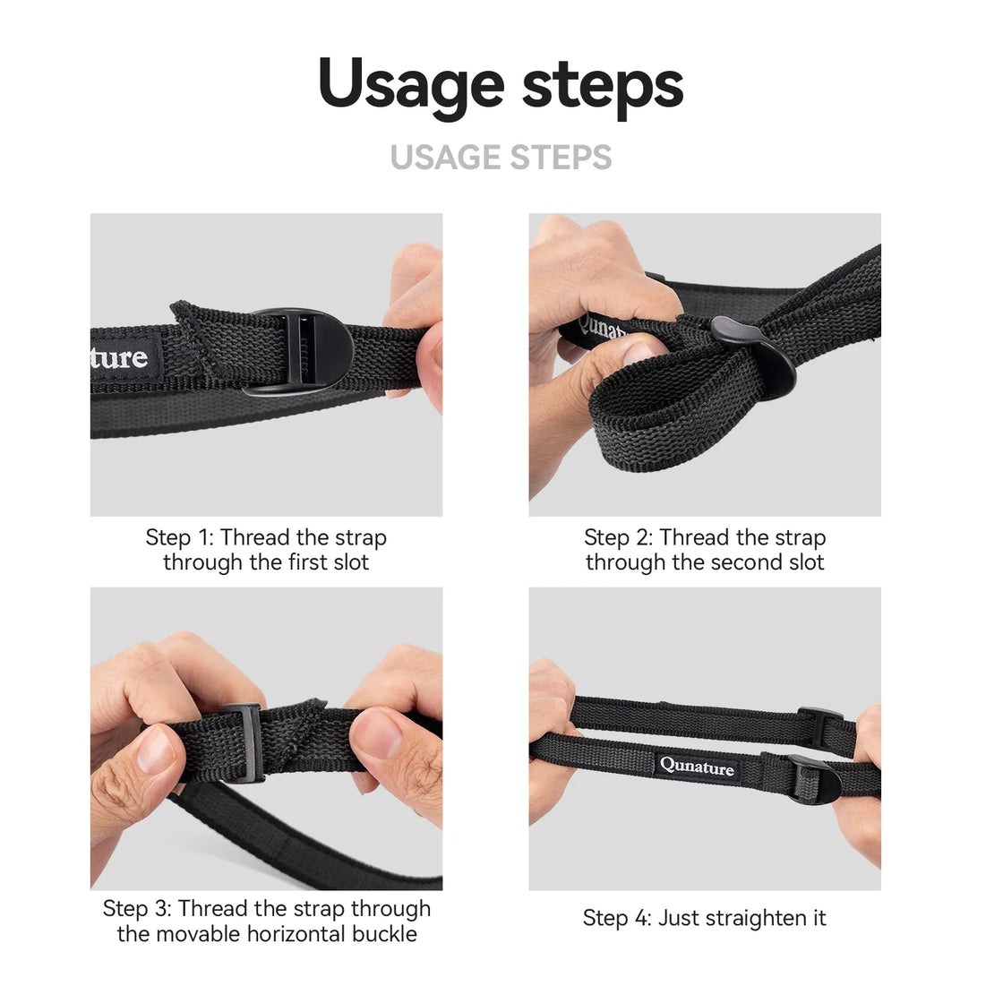Four simple steps to use this black multi-purpose cargo binding belt