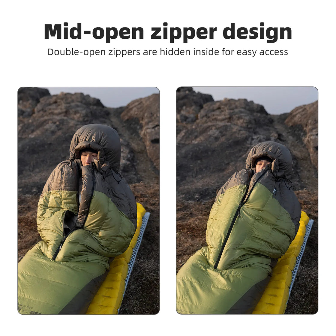 a boy lies in a sleeping bag that can be opened from the middle, with only his eyes exposed