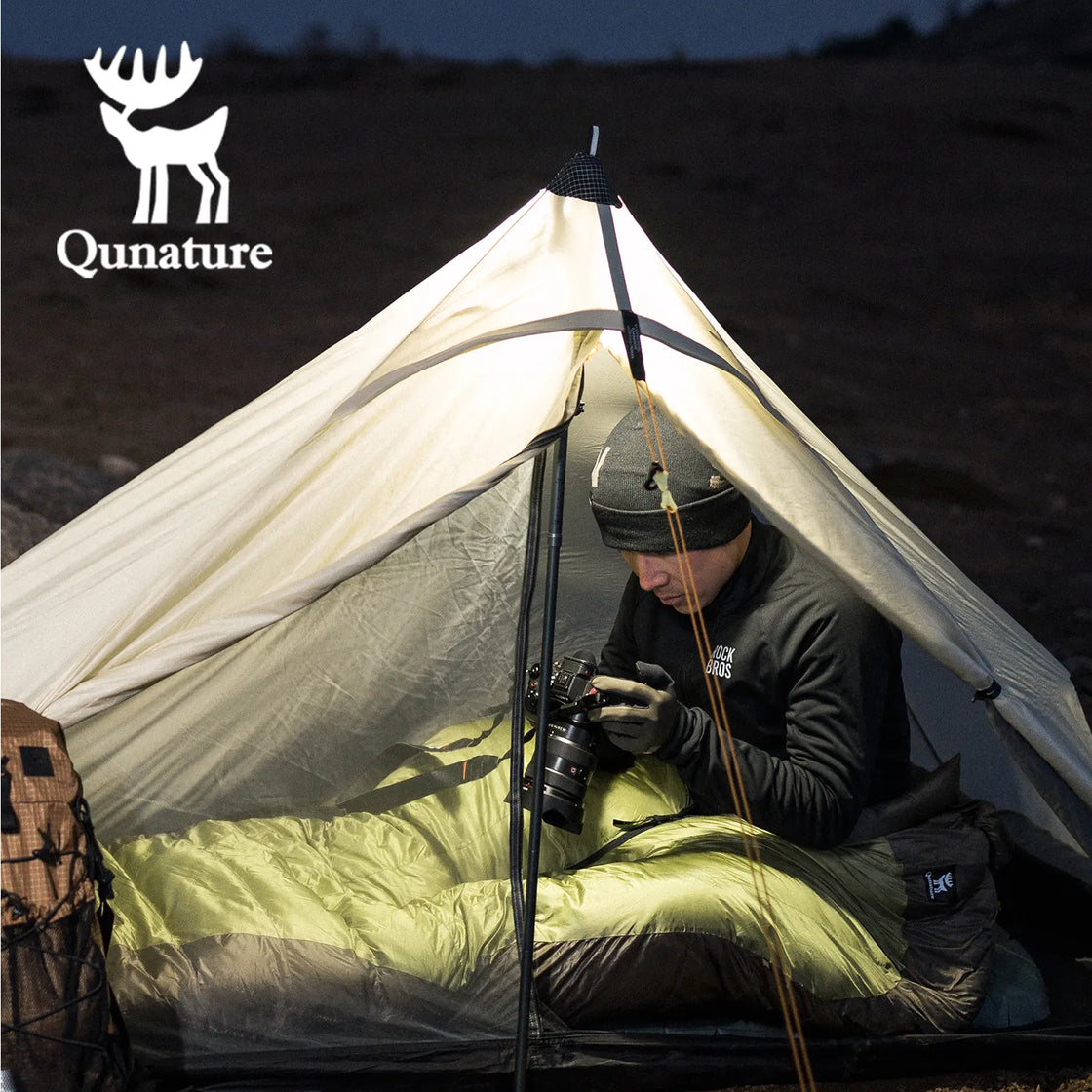 a boy sleeping in a sleeping bag in a tent looking at the camera