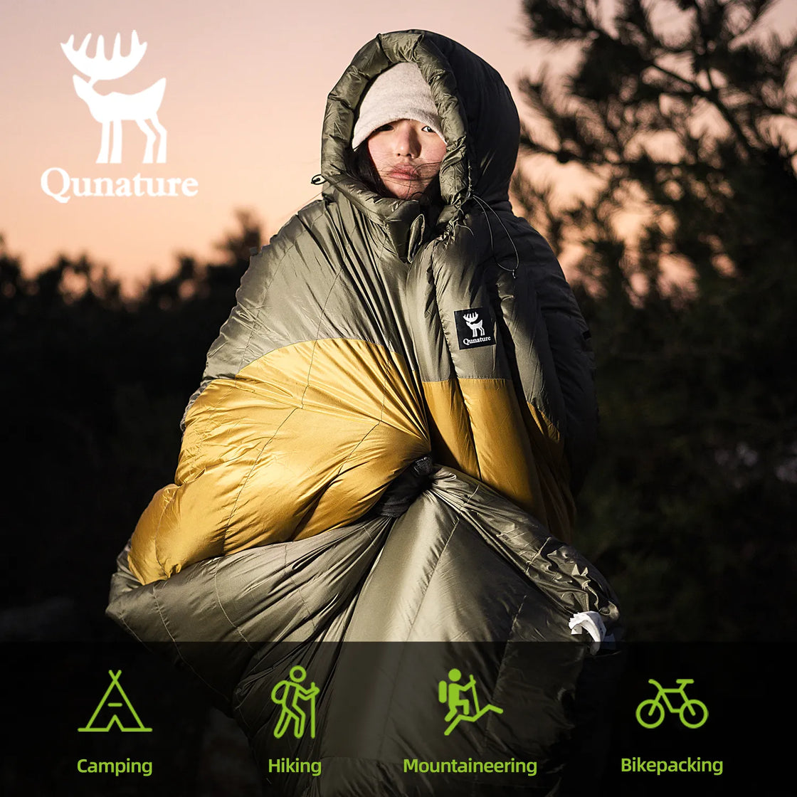 a girl in a sleeping bag outdoors at night