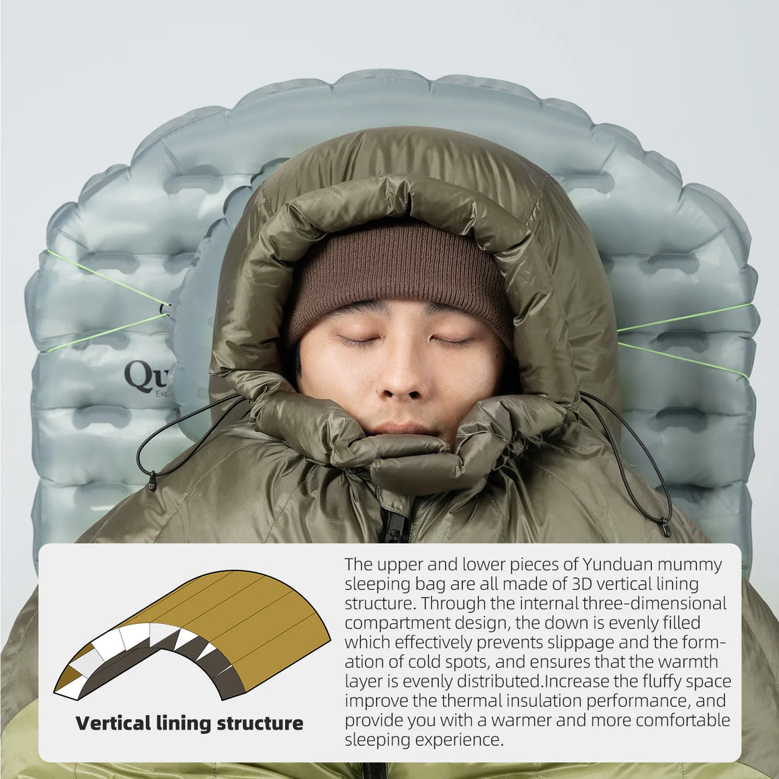 a boy sleeps in a warm and comfortable sleeping bag with a 3D structure