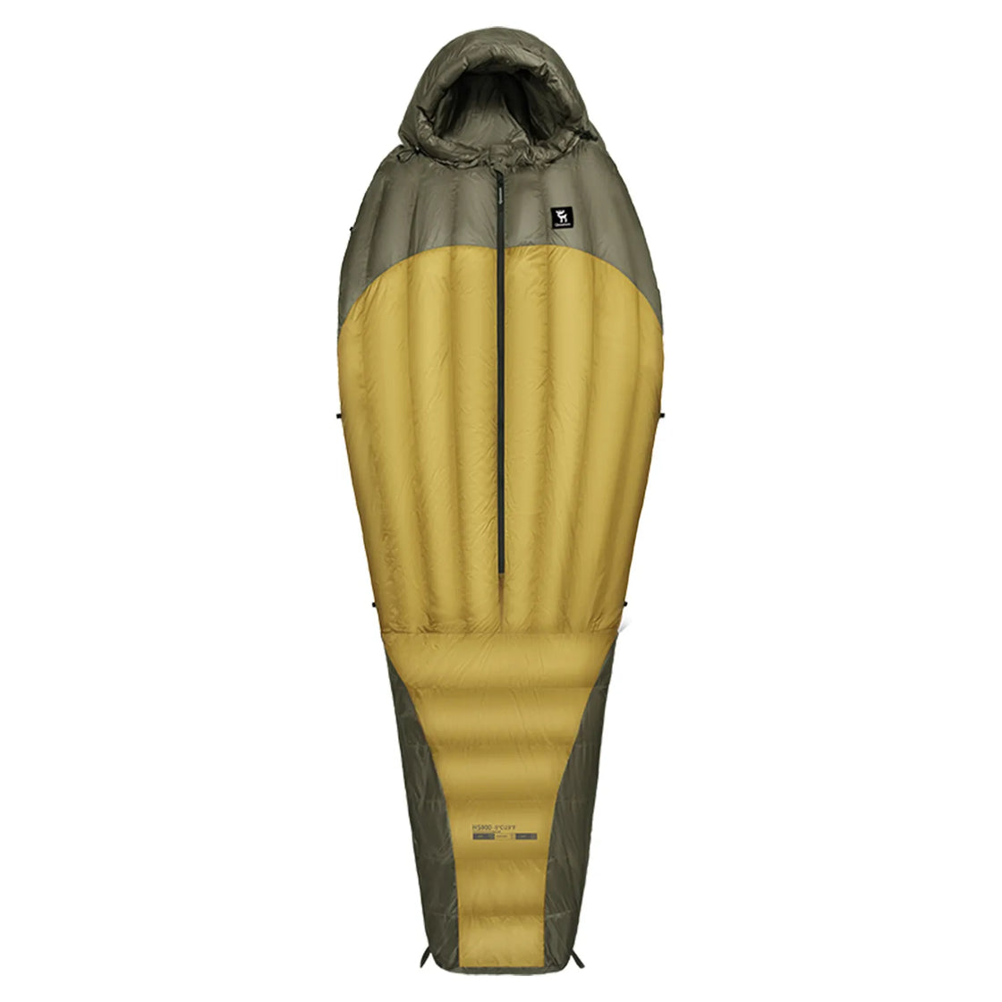 the front of an gold khaki mixed down sleeping bag