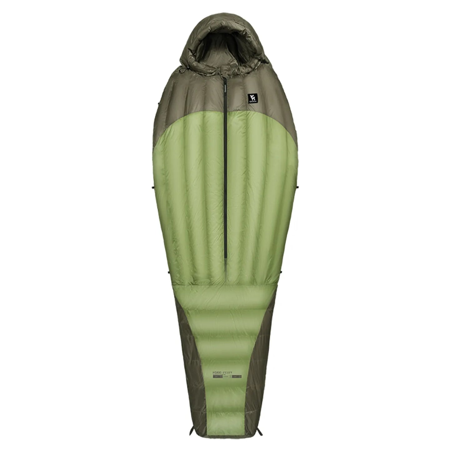the front of an olive green mixed down sleeping bag