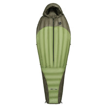 the front of an olive green mixed down sleeping bag