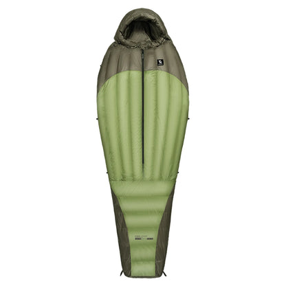 the front of an olive green mixed down sleeping bag