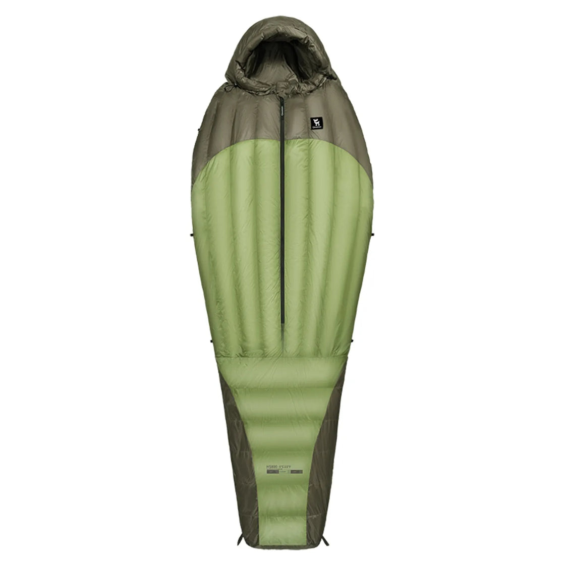 the front of an olive green mixed down sleeping bag