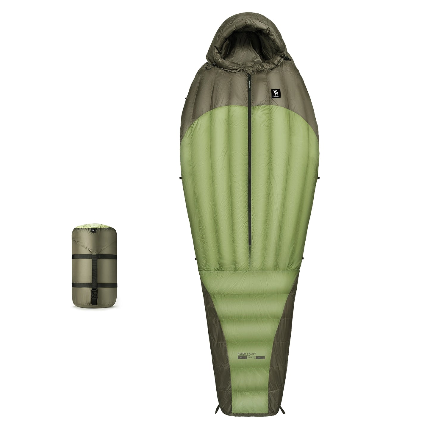 the front of an olive green mixed down sleeping bag