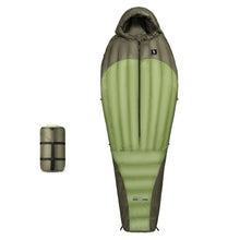 the front of an olive green mixed down sleeping bag