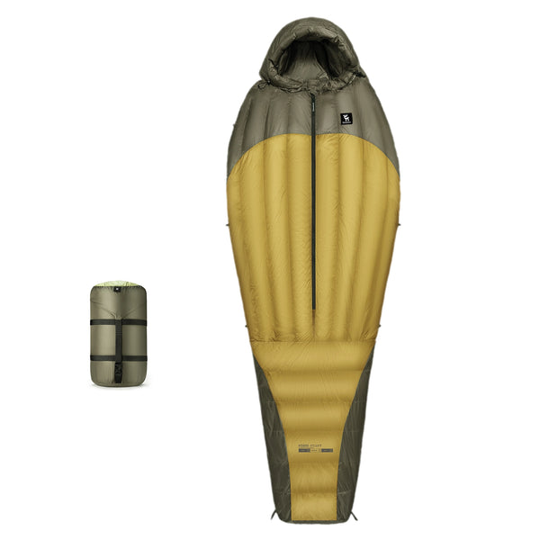 Yellow and gray sleeping bag with a smaller version of itself on a white background