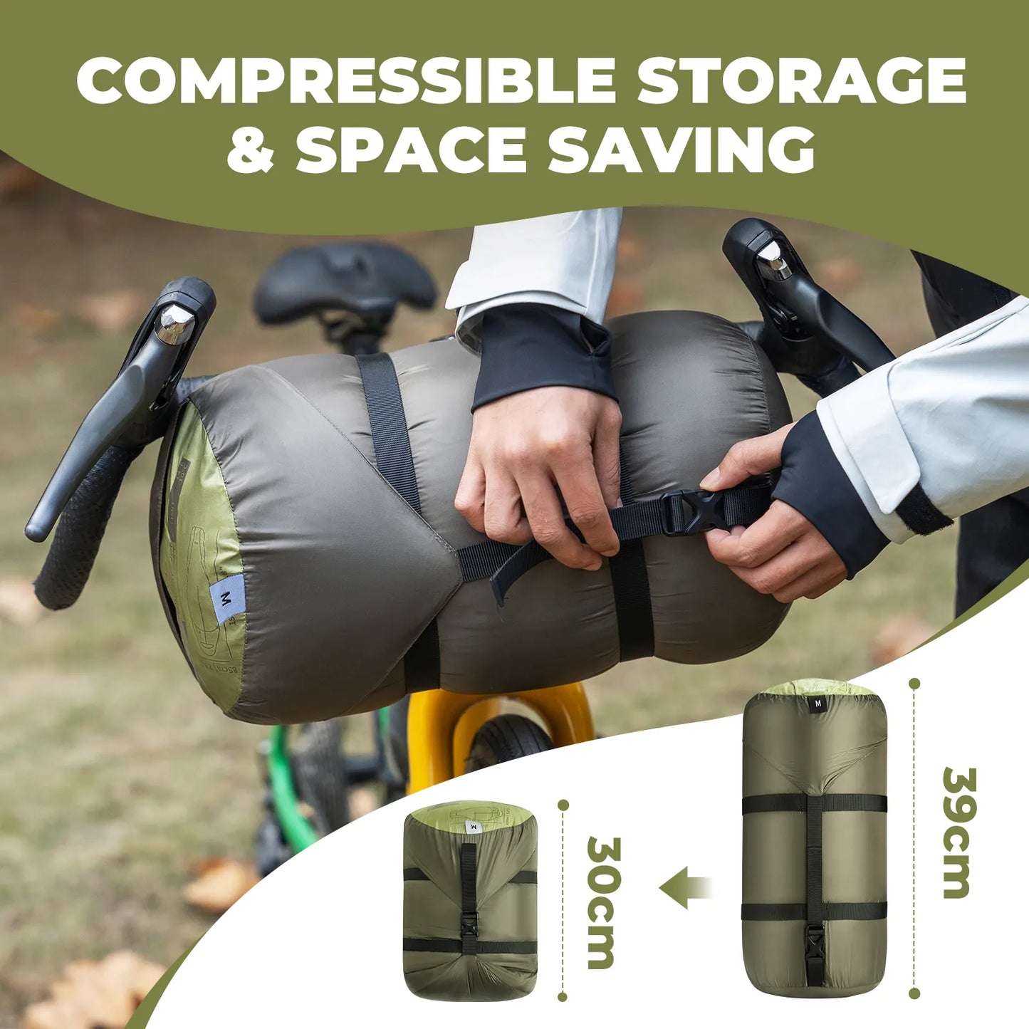 Person compressing a green compressible storage bag with a bicycle in the background, emphasizing space-saving feature.