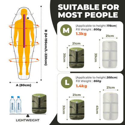 Measurement chart for sleeping bags showing size M, L, and height applicability.