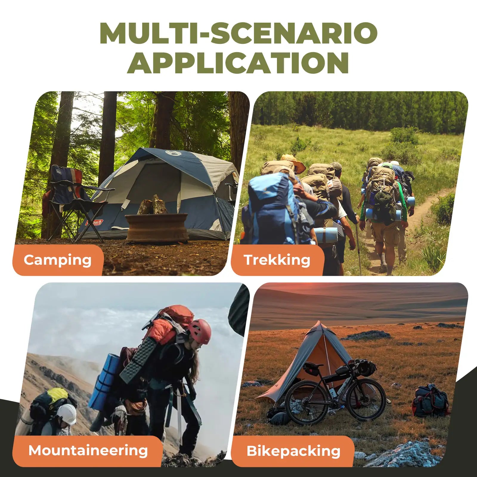 Collage of camping, trekking, mountaineering, and bikepacking scenarios with tents and backpacks.