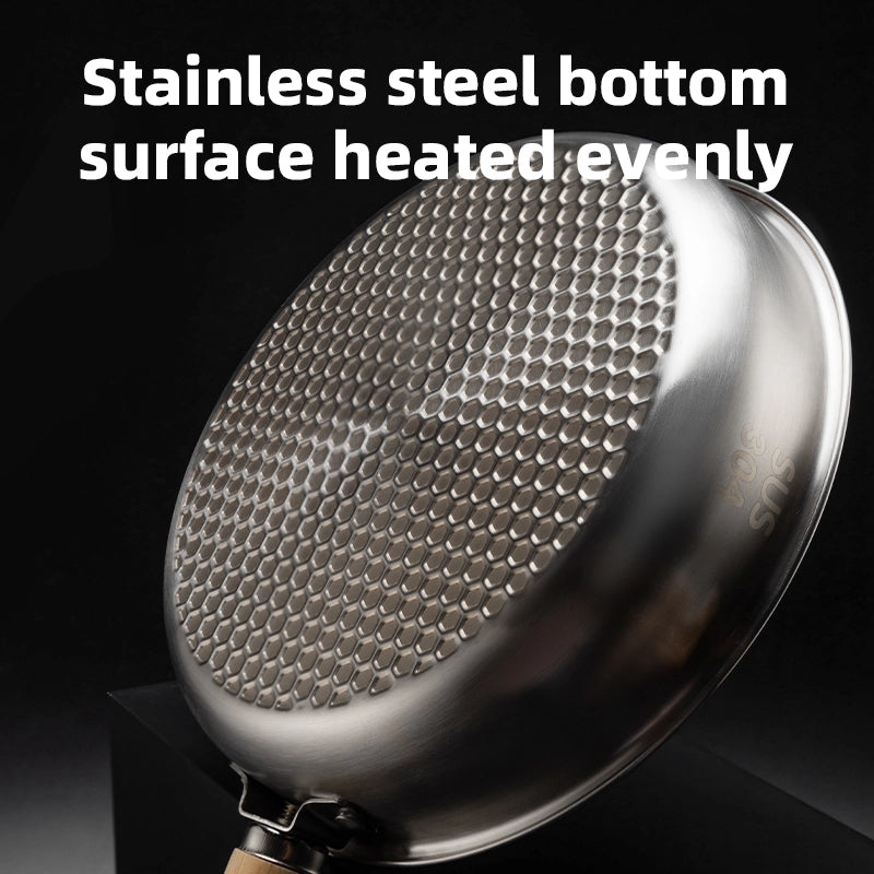 Stainless steel frying pan with text 'Stainless steel bottom surface heated evenly' on a black background