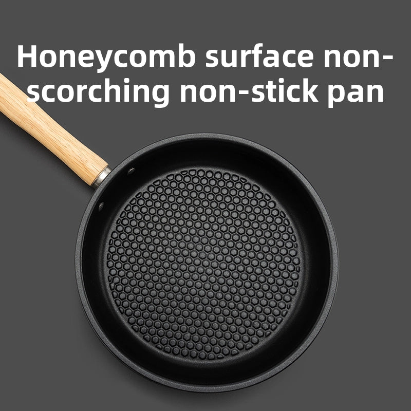 Black non-stick pan with honeycomb surface and wooden handle on a dark background
