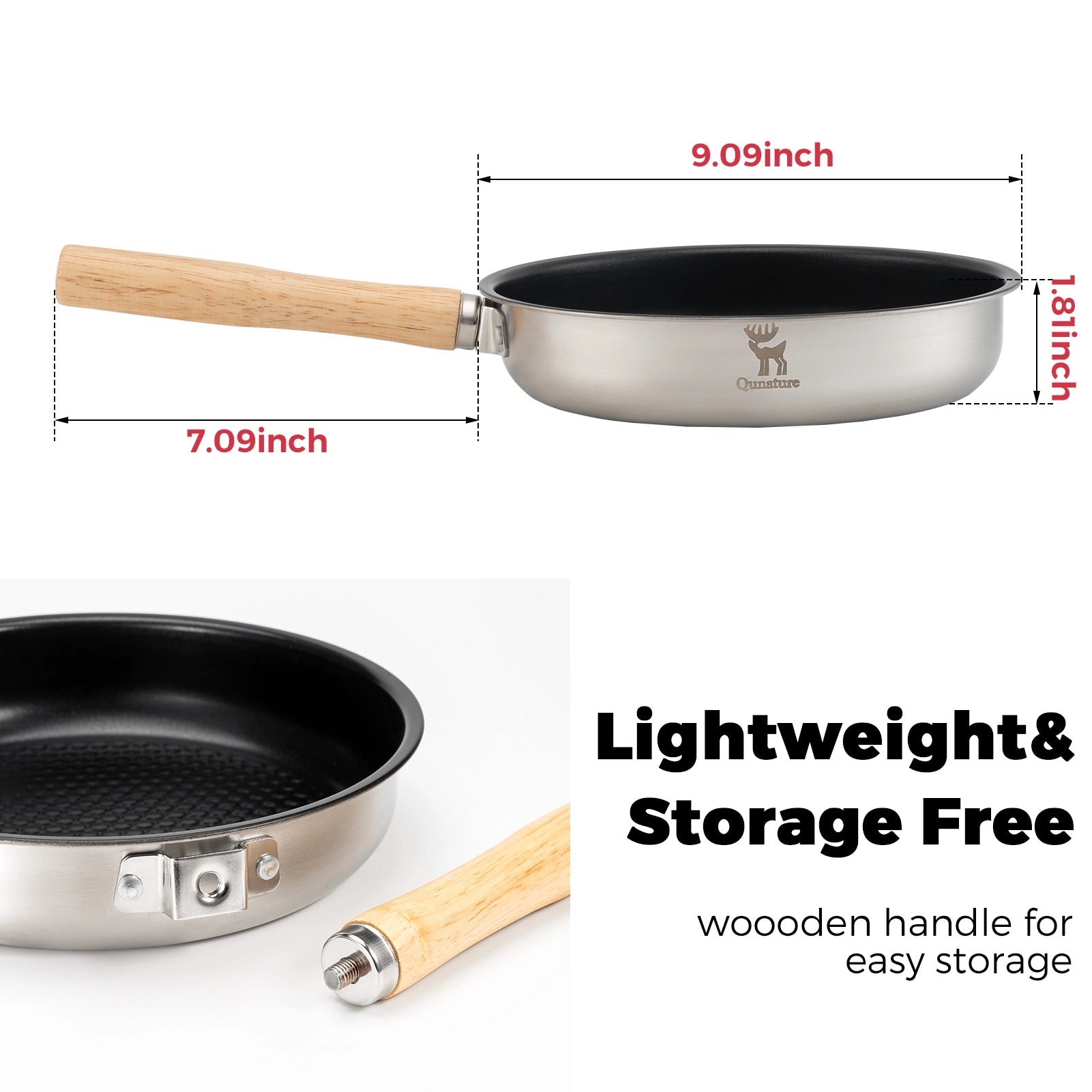 Cooking pan with wooden handle and measurements on a white background