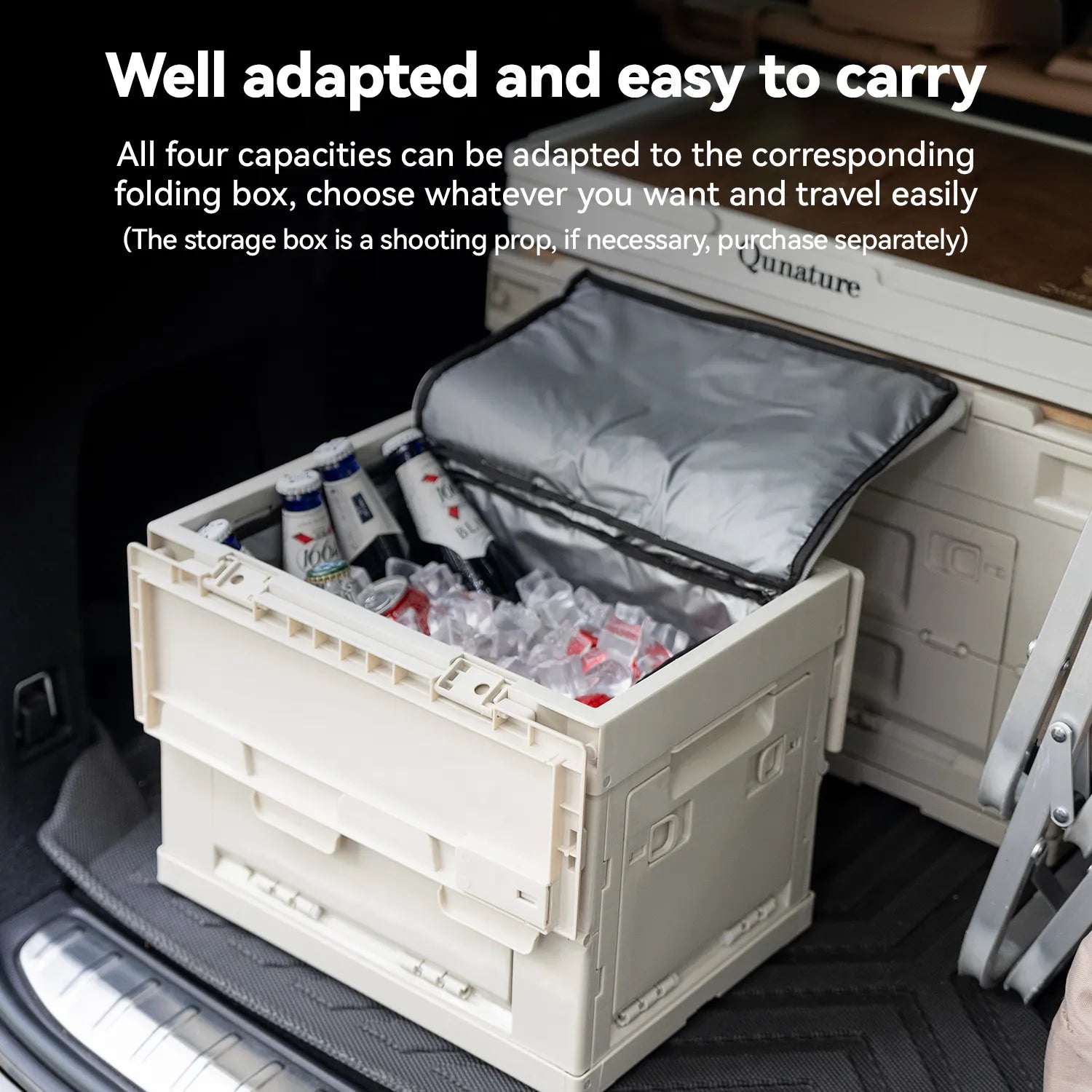 Foldable storage box with contents in a car trunk, text about adaptability and ease of carrying.