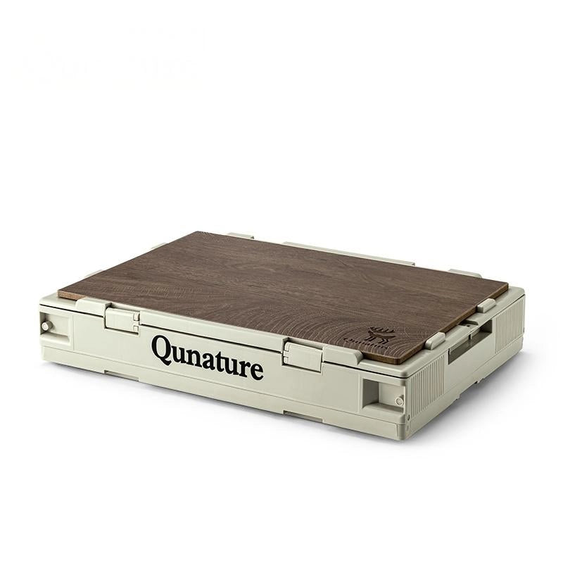Portable platform with wooden top and beige base, featuring 'Qunature' branding.
