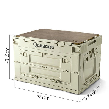 Beige storage crate with wooden top and Qunature branding, showing dimensions on a white background.
