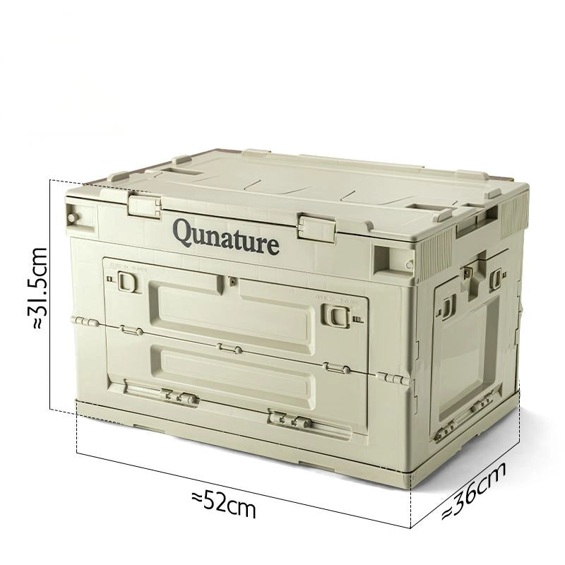 Beige storage crate with 'Qunature' branding and dimensions on a white background