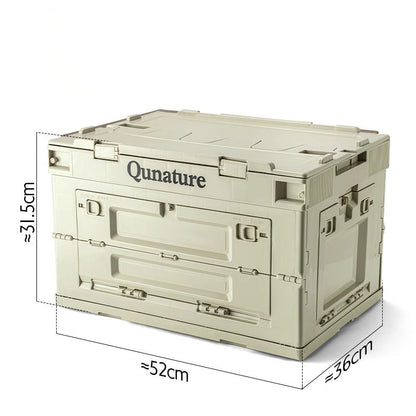 Beige storage crate with 'Qunature' branding and dimensions on a white background