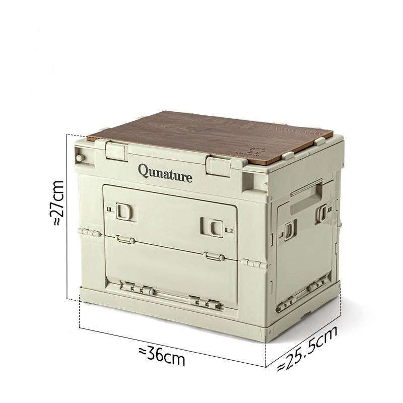 Storage crate with wooden top and dimensions labeled, featuring the brand 'Qunature'.