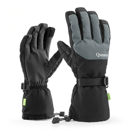 Pair of black and gray gloves with a visible brand logo on a white background