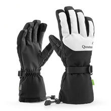 Black and white gloves with a brand logo on a white background