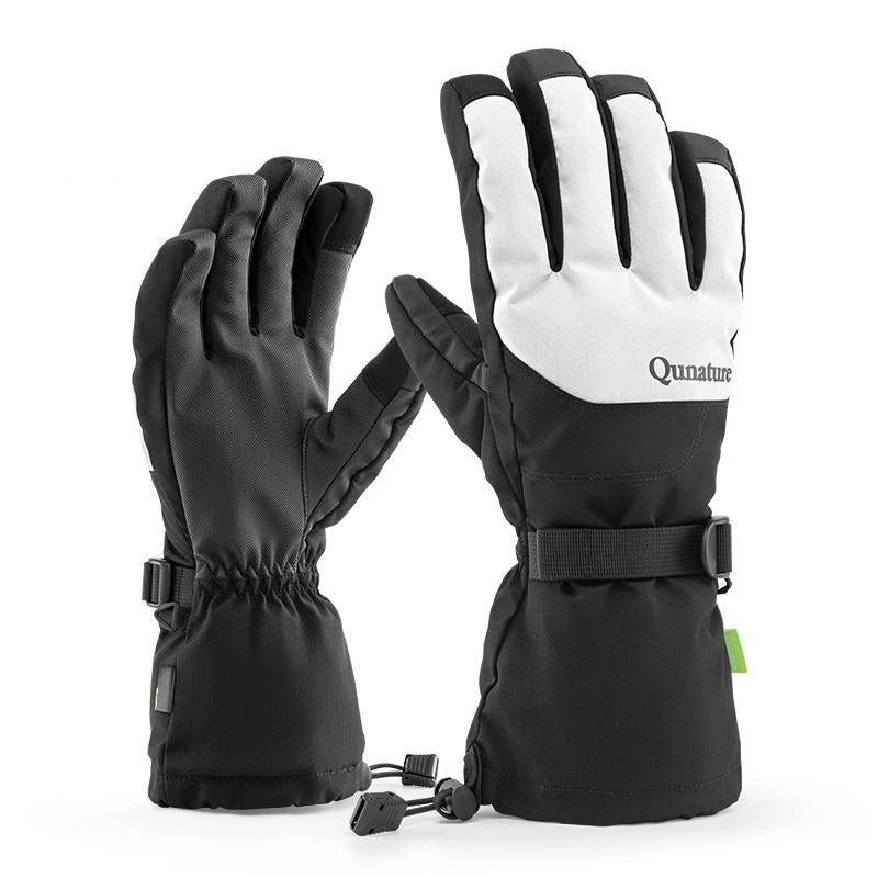 Black and white gloves with a brand logo on a white background