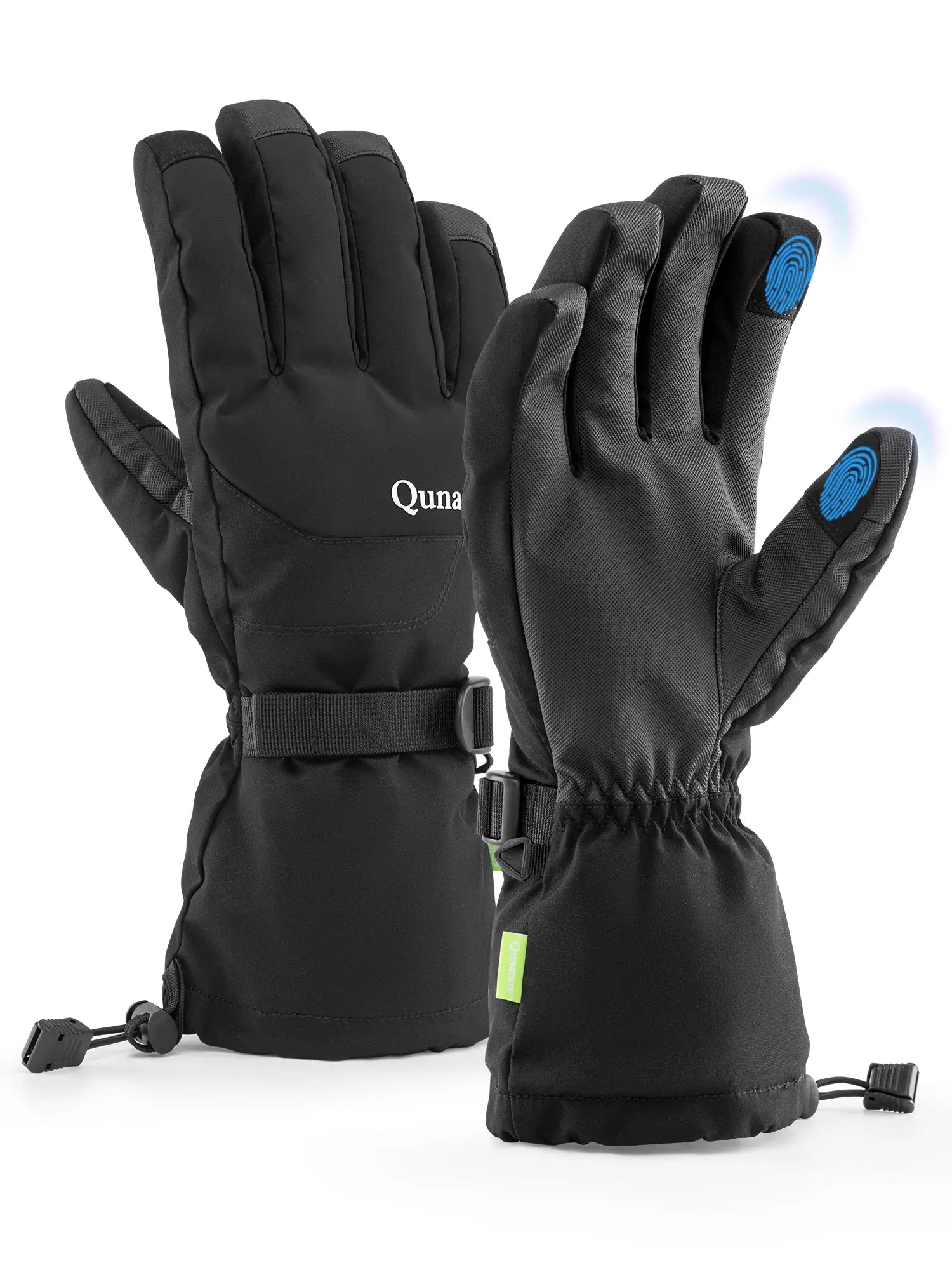 Black gloves with Qunature branding on a white background