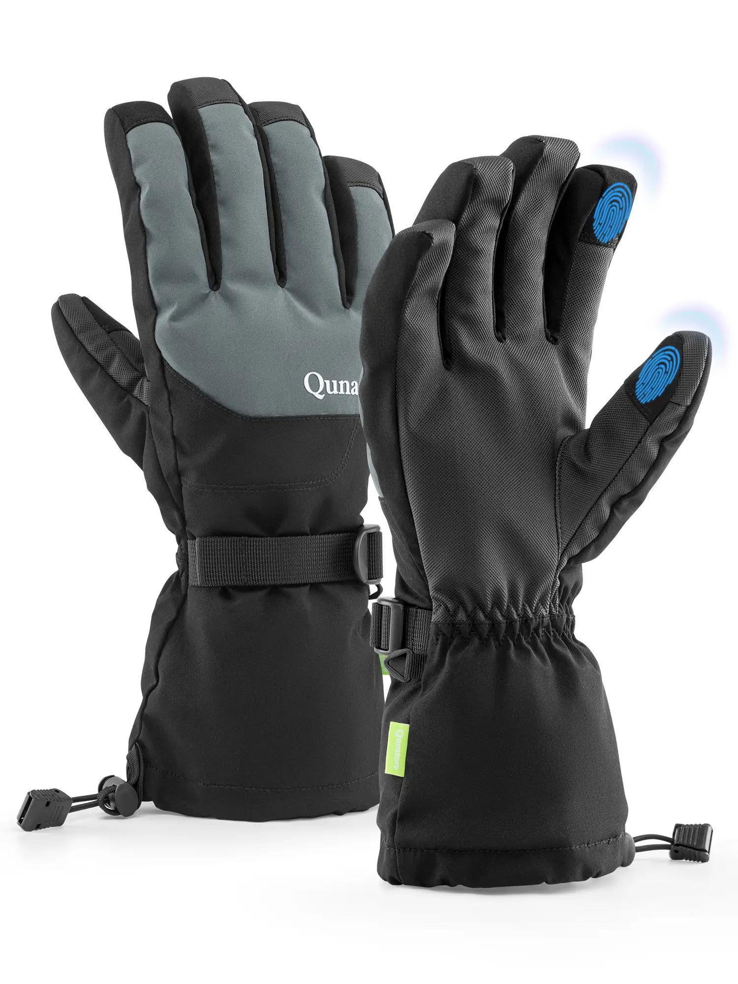 Pair of black and gray gloves with Qunature branding on a white background