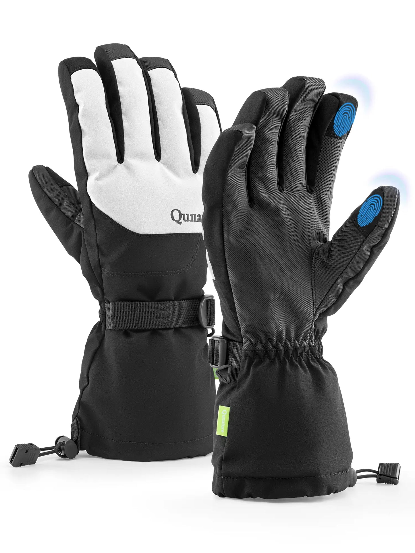 Black and white gloves with touch screen tips on a white background