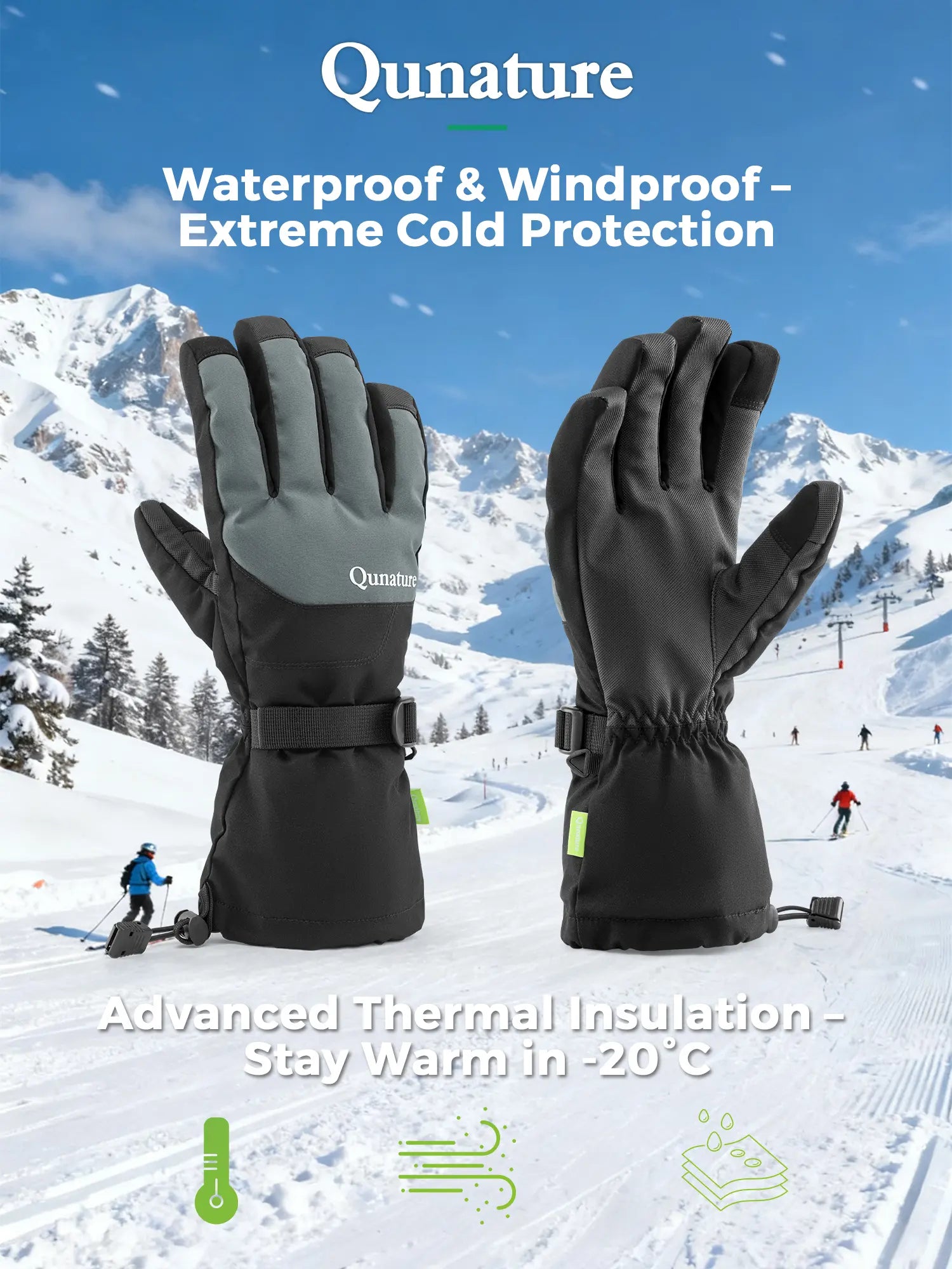 Black and gray gloves with Qunature branding on a snowy mountain background