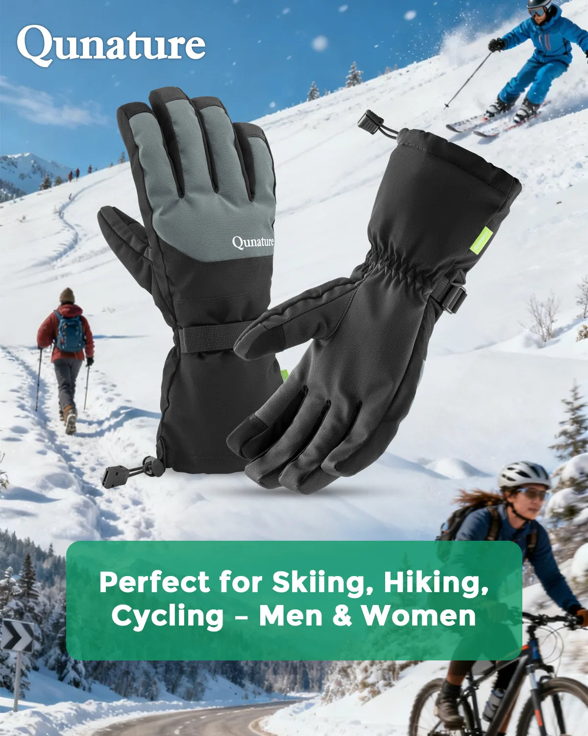 Black gloves with Qunature branding on a snowy background with people skiing and cycling.