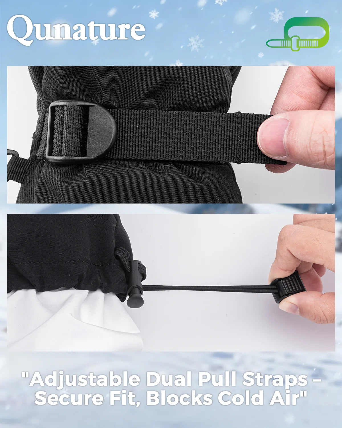 Adjustable dual pull strap being used on a black jacket with Qunature branding.