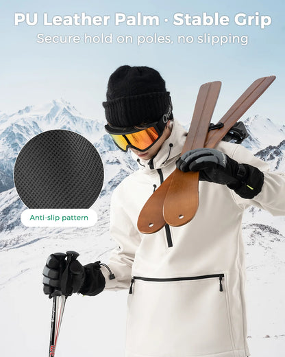 Person holding ski poles with a focus on anti-slip palm and stable grip feature against a snowy mountain background.