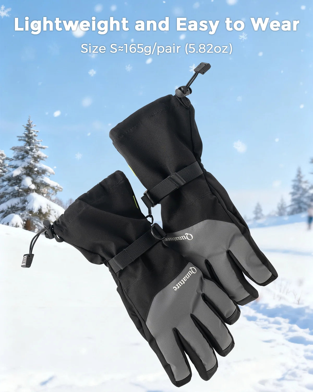 Black and gray gloves with a brand logo on a snowy background