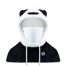 Black and white panda-shaped hood with a logo on a white background
