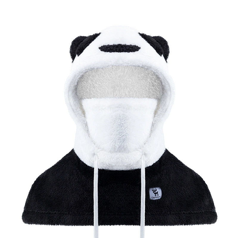 Black and white panda-shaped hood with a logo on a white background