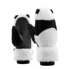 Panda-themed mittens on a white background