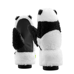 Panda-themed mittens on a white background
