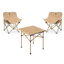 Beige camping chairs and table set on a white background