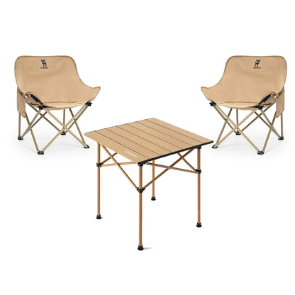 Beige camping chairs and table set on a white background