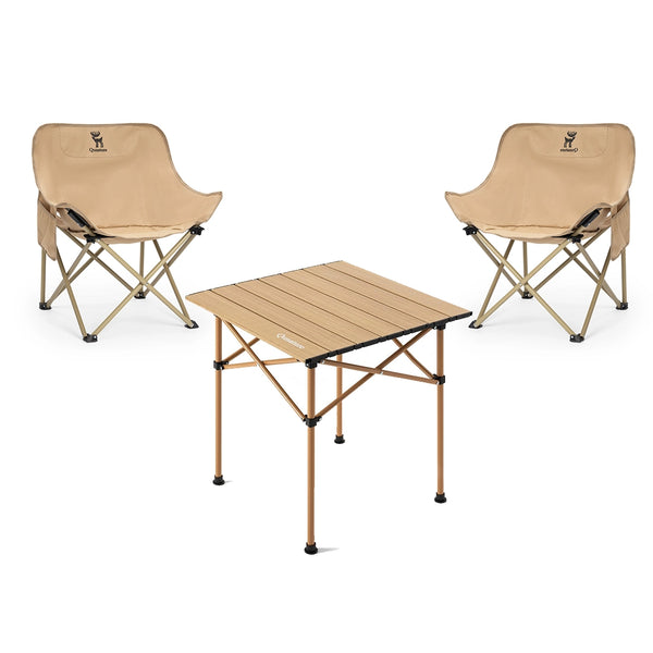 Beige camping chairs and table set on a white background